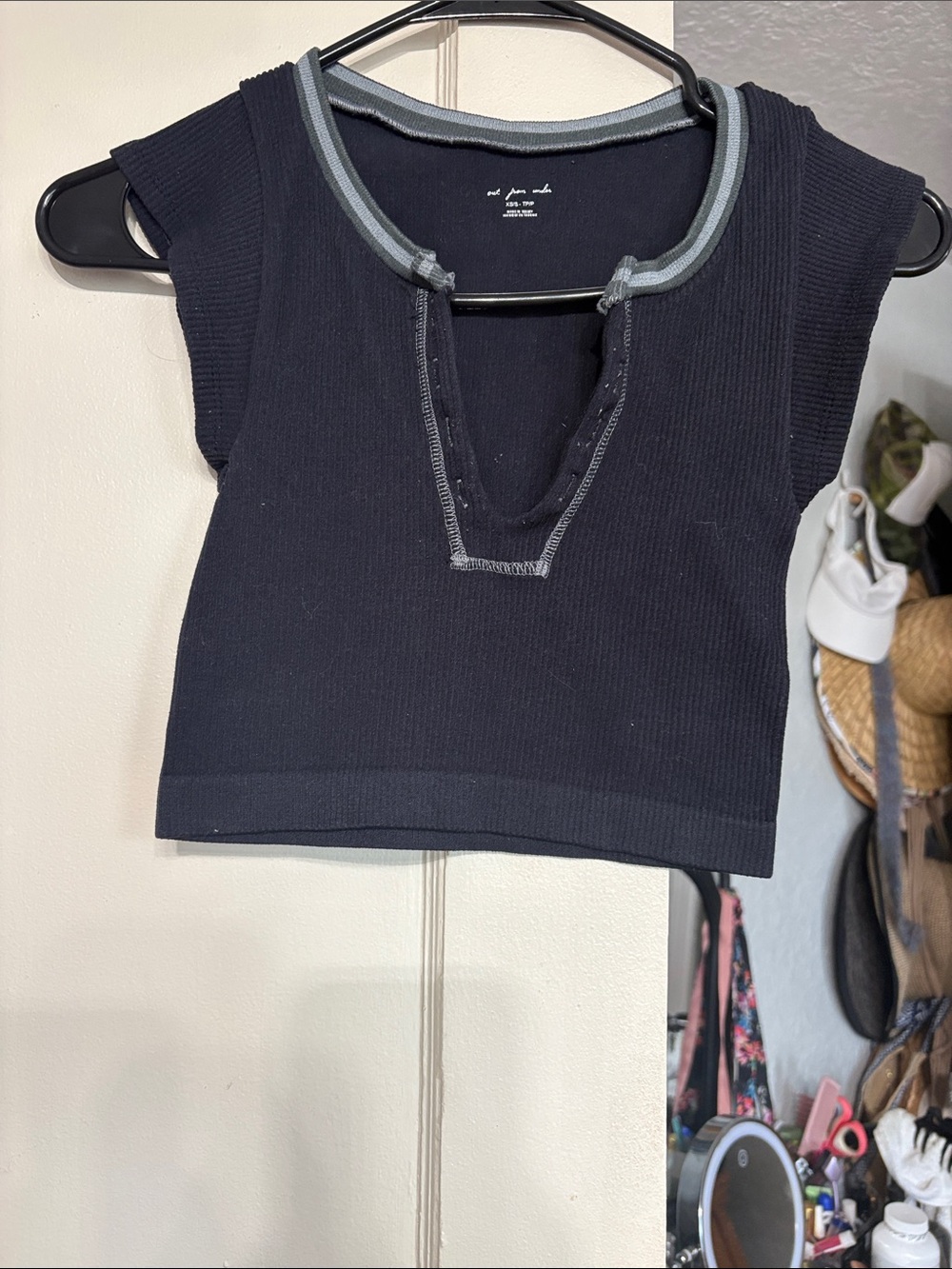 Urban Outfitters Black Ribbed Crop Top with Contrast Trim